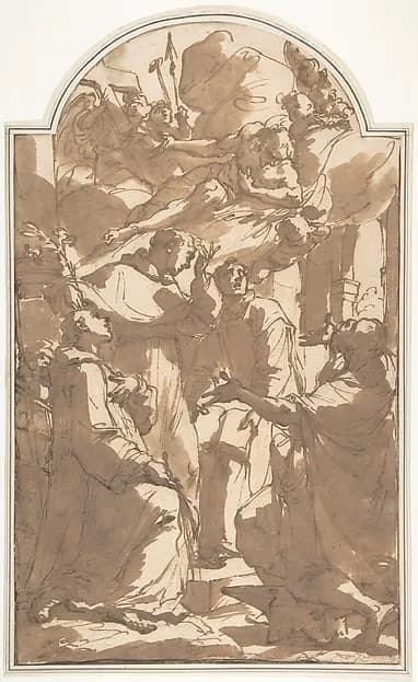 Christ in Glory with Saint Lawrence, Saint Anthony of Padua, Saint Ignatius of Loyola, and Saint Eligius. by Ubaldo Gandolfi depicting John 1