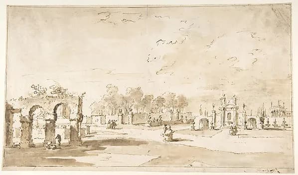 Gardens of the Villa Correr, near Strà (recto); Study for The Transverberation of Saint Teresa of Jesus and a Study of Hands (verso) by Francesco Guardi depicting John 1