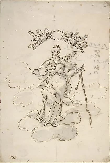 Virgin Standing on Clouds Holding a Scapular in Her Left Hand by Giovanni Antonio Pellegrini depicting Luke 1