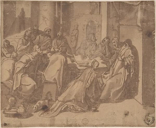 Mary Magdalen Annointing the Feet of Christ by Raffaellino da Reggio (Raffaello Motta) depicting Luke 7