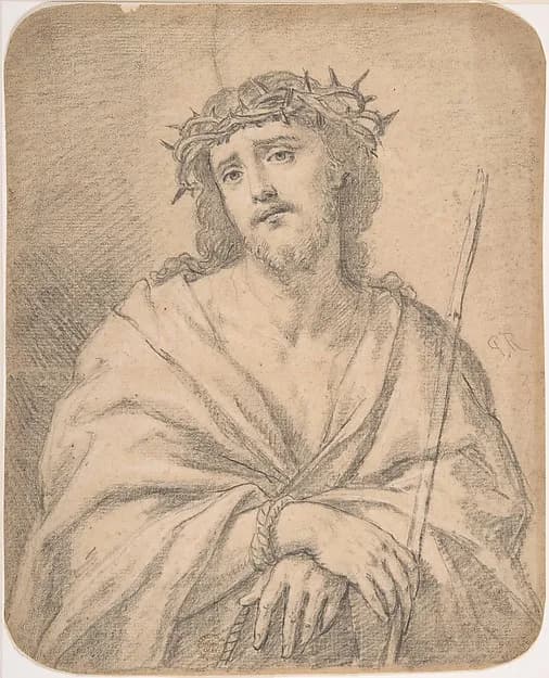 Man of Sorrows, after Guido Reni (recto); Studies of arm and hands (verso) by Anonymous, Italian, Roman-Bolognese, 17th century depicting John 1