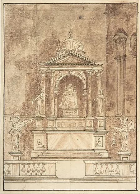 Design for an Altar: Virgin and Child Flanked by Saints, Two Angels in the Left and Right Foreground by Anonymous, Italian, 17th or 18th century depicting Luke 2