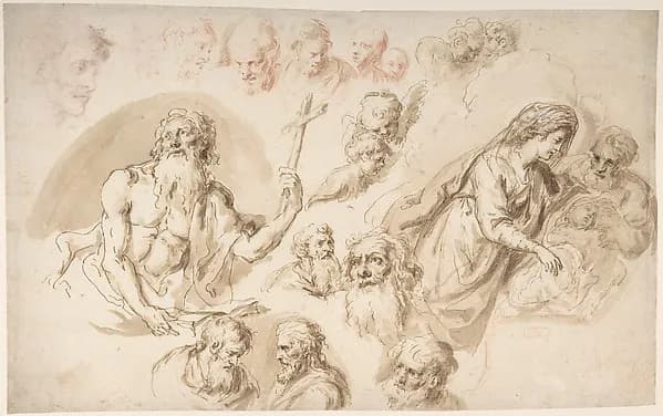 Study for a Nativity, Bearded Male Saint, and Head Studies (recto); Two Head Studies (verso) by Bartholomaeus Ignaz Weiss depicting Luke 2