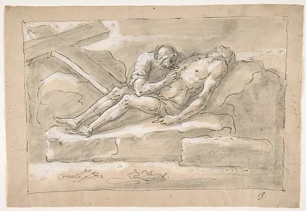 The Dead Christ Mourned by the Magdalen Who Venerates His Side Wound by Fortunato Duranti depicting John 1