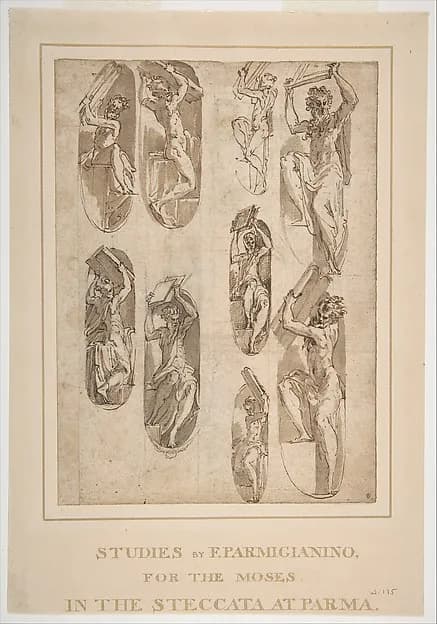 Nine Studies of the Moses in Santa Maria della Steccata, Parma (recto); Nine Studies for the Eve in Santa Maria della Steccata, Parma (verso) by Parmigianino (Girolamo Francesco Maria Mazzola) depicting Exodus 2
