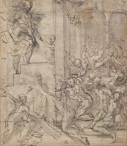 Apparition of Christ (recto); Printed Fragment with Jupiter Enthroned with Eagle, from Caraglio's "Martyrdom of Saint Peter and Saint Paul" (verso) by Parmigianino (Girolamo Francesco Maria Mazzola) depicting Acts 12