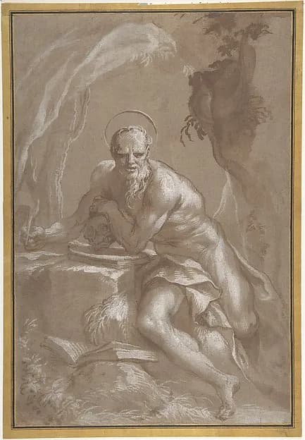Saint Jerome in the Wilderness by Domenico Piola depicting Romans 8