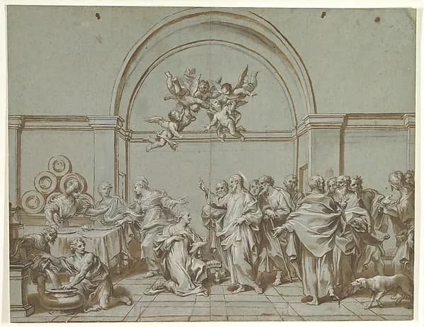 Christ in the House of Martha and Mary (Luke 10:38-42) by Paolo Gerolamo Piola depicting Luke 10