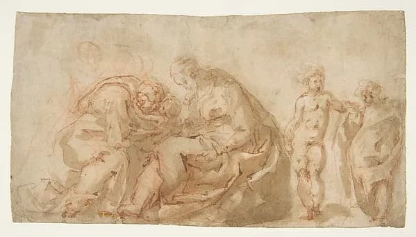The Holy Family with Attendant Putti by Cesare Pollino (Cesare dal Francia or Franchi) depicting Luke 2
