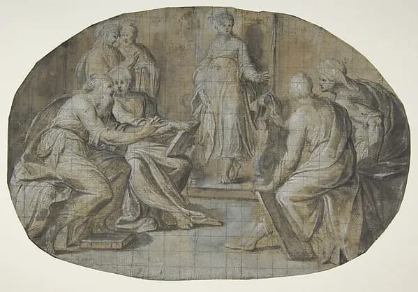 The Virgin and Saint Joseph find Jesus Disputing with the Doctors in the Temple by Camillo Procaccini depicting Luke 1