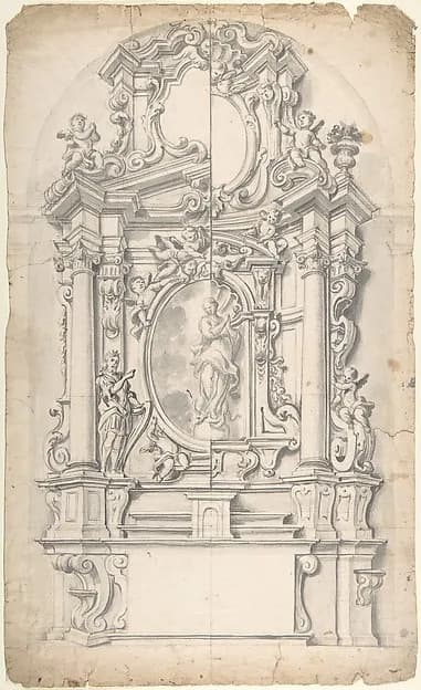Halved Variant Designs for an Altar with the Virgin of the Immaculate Conception in the Central Cartouche by Anonymous, Italian, Piedmontese, 18th century depicting Luke 1