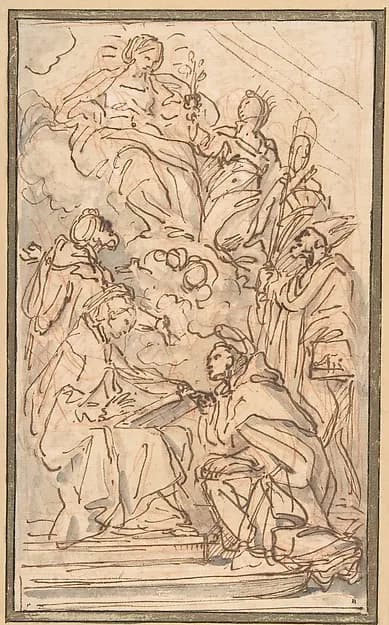 The Virgin with Female Attendant Appearing to Four Male Saints by Carlo Maratti depicting Luke 1