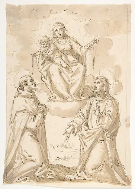 The Virgin and Child with Chaplets Appearing to Saint Dominic and Saint Catherine of Siena by Pietro Mera ("Il Fiammingo") depicting Romans 8