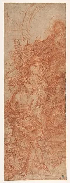 The Virgin Appearing to Saint Jerome (recto); Head of a Young Woman with Braided Hair by Flaminio Torre (Torri) depicting Romans 8