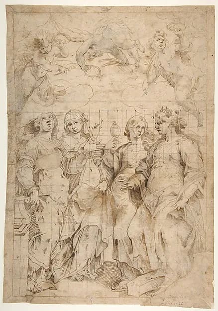 Saint Cecilia, Saint Mary Magdalen, Saint Catherine of Alexandria, and Saint Agnes, Angels with Palm Branches and Crowns Above (recto); Sketches of Three Standing Figures and Arithmetic Calculations (verso) by Panfilo Nuvolone depicting Luke 7
