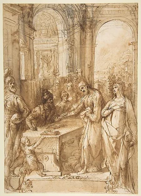 Esther and Mordecai before King Ahasuerus (Esther 8:1- 12) by Giovanni de' Vecchi depicting Esther 5