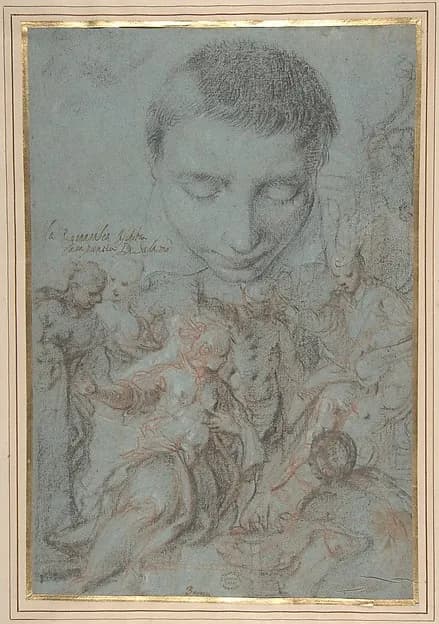 Study of Boy's Head; the Queen of Sheba Before Solomon by Antonio Vassilacchi (called "Il Aliense") depicting 1 Kings 10