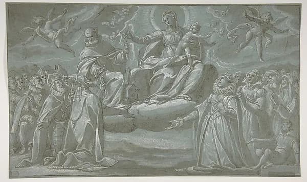 The Virgin and Child, Saint Dominic, and Angels Distributing Chaplets to the Faithful by Giovanni Mauro della Rovere depicting Luke 2