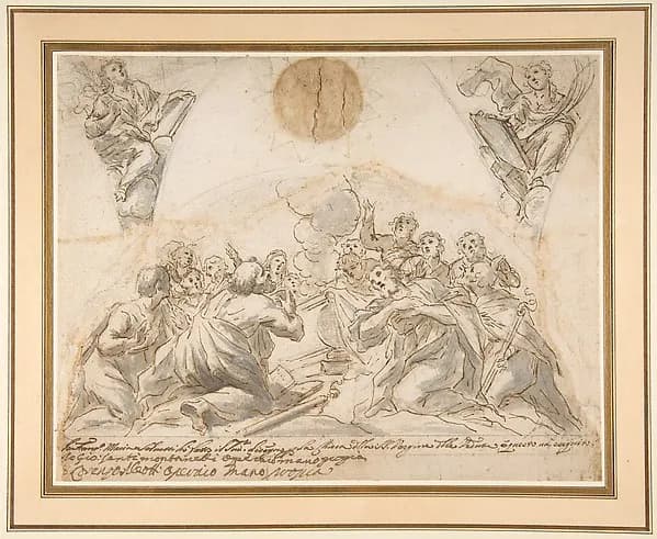 The Apostles at the Tomb of the Virgin, and Studies for Two Pendentives by Francesco Maria Salvetti depicting Luke 1