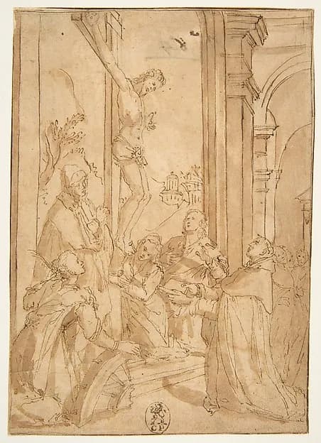 St. Thomas Aquinas Presenting His Work to the Crucified Christ by Santi di Tito depicting Matthew 27