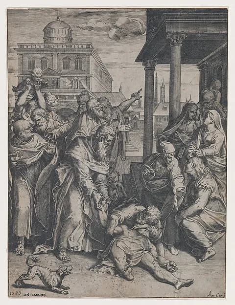 Saint Paul raising Patroclus who is on the ground, surrounded by a group of onlookers, a dog in the foreground at left by Agostino Carracci depicting Acts 9