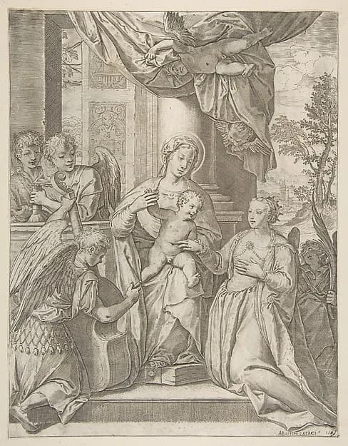 The mystic marriage of Saint Catherine who sits at center with the Christ child, angels with instruments at the left by Agostino Carracci depicting Romans 8
