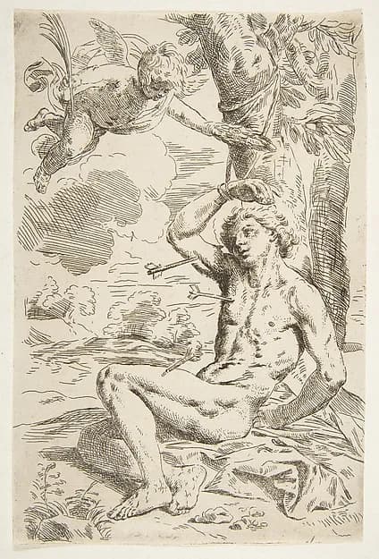 Saint Sebastian pierced with arrows and tied to a tree, copy after Cantarini by Simone Cantarini depicting Romans 8