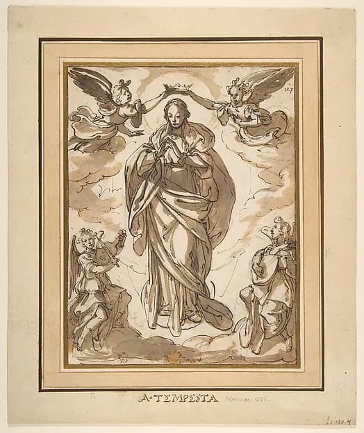 The Virgin Immaculate Crowned by Two Angels, with Angel Musicians in the Foreground by Domenico Fontana depicting Luke 1