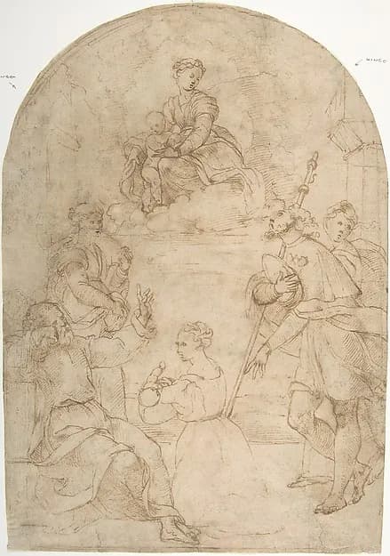 Saint Roch Recommending a Woman with a Sick Child to the Virgin (recto); Figure of a Man Holding a Book; Nude Figure of a Man (verso) by Anonymous, Italian, 16th century depicting Luke 2