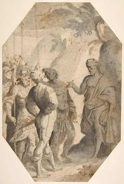 Saint John the Baptist (?) Preaching to a Group of Soldiers by Giovanni Battista Trotti ("Il Malosso") depicting Matthew 3