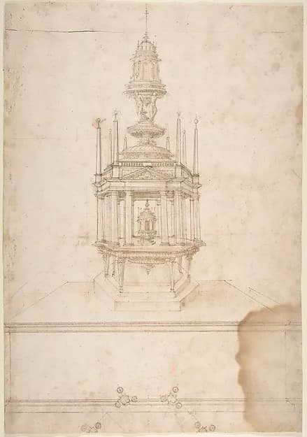 Design for an Polygonal Tabernacle, with Obelisks and a Pediment Surmounted by Three Figures Supporting a Tempietto-like Structure by Galeazzo Alessi depicting Exodus 25