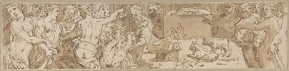 Procession (left-hand portion of border below Sacrifice of Isaac, inlaid-marble pavement, Siena Cathedral) by Domenico Beccafumi depicting Genesis 22