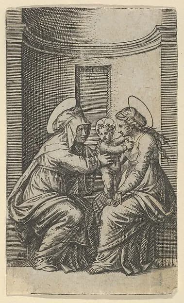Saint Anne and the Virgin with the Infant Christ by Marcantonio Raimondi depicting Luke 1