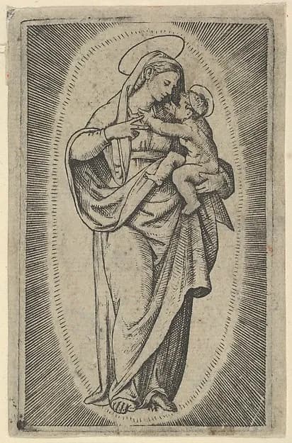 The Virgin holding the Christ Child by Marcantonio Raimondi depicting Luke 2