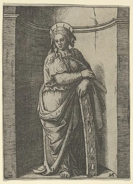 Saint Catherine standing in a niche, resting on a wheel, her instrument of torture by Marcantonio Raimondi depicting Romans 8