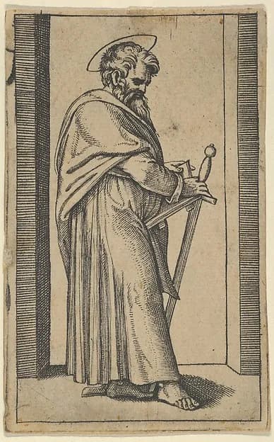 Saint Paul holding a book and a sword facing right by Marcantonio Raimondi depicting Acts 9