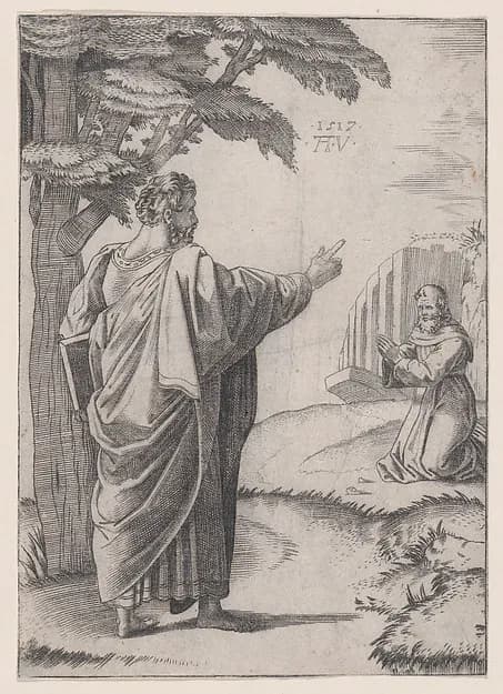 Saint Paul and the Franciscan Friar by Agostino Veneziano (Agostino dei Musi) depicting Acts 9