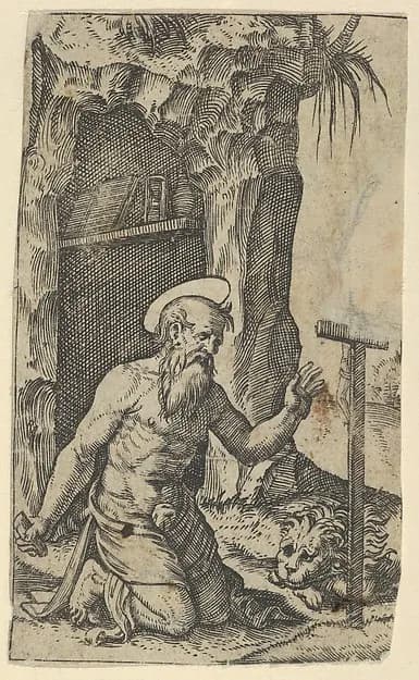 Saint Jerome kneeling before a crucifix, from "Piccoli Santi" (Small Saints) by Marcantonio Raimondi depicting Matthew 27