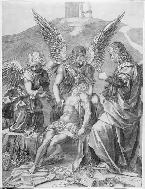 The Body of Christ Supported by Three Angels by Agostino Veneziano (Agostino dei Musi) depicting John 1