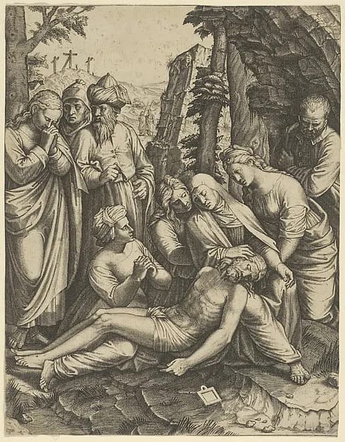 The lamentation of the dead Christ who is supported by the Virgin Mary and surrounded by other figures by Anonymous depicting Mark 15