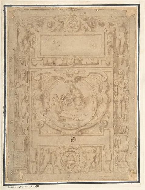 Design for a Cartouche with the "IHS" Monogram of the Society of Jesus, Putti, Fantastick Creatures, at the Borders, a Central Scene of the Virgin and Child with a Monastic Figure, and the Family Arms of a Cardinal by Anonymous, Italian, second half of the 16th century depicting Luke 2
