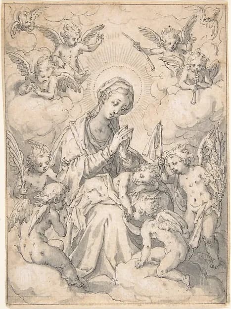 The Virgin and Child Surrounded by Little Angels in the Clouds by Friedrich Sustris depicting Luke 2
