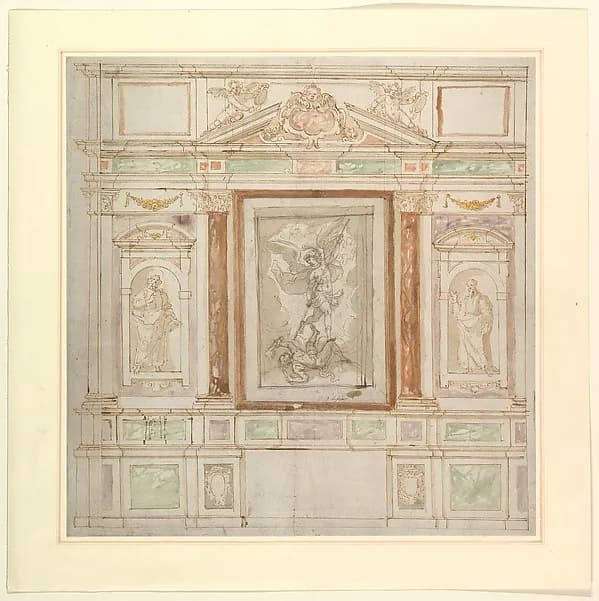 Architectural Design for a Monumental Altar, with a Composition with Saint Michael Against Satan and two Saints (Saints Peter and Paul?) by Anonymous depicting Revelation 12