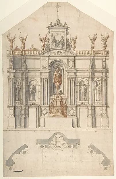 Design for the Elevation and Plan of a Reredos by Anonymous, Italian, North or Central Italy, 16th century depicting Luke 2