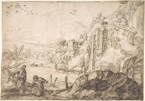 Landscape with the Calling of St. Peter by Jacob Pynas depicting Matthew 4