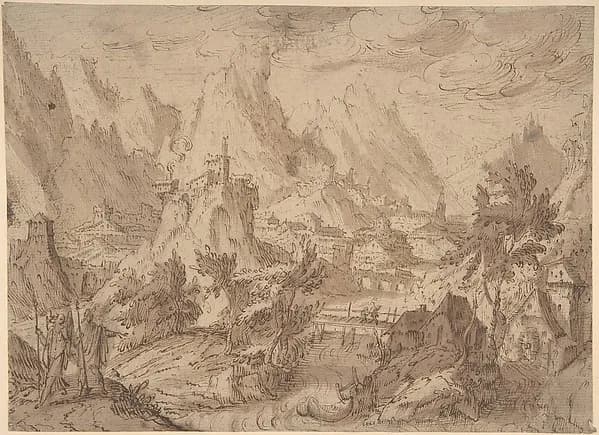 Mountainous Landscape with Tobias and the Angel by Tobias Verhaecht depicting Tobit 6
