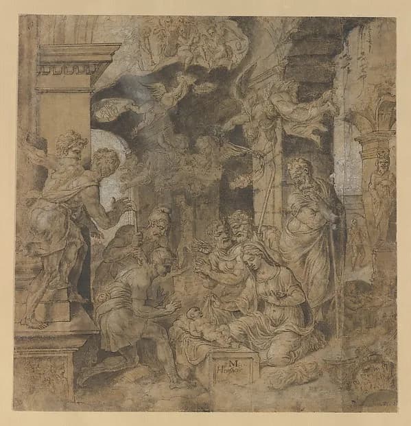 The Adoration of the Shepherds (recto); Sketches (verso) by Maarten van Heemskerck depicting Luke 2