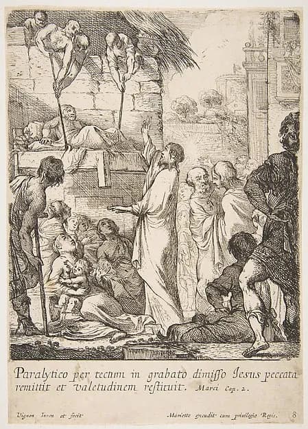 Healing the Paralytic (Jésus-Christ prouve en guérissant un paralytique, qu'il a le pouvoir de pardonner les péchés) by Claude Vignon depicting Matthew 9