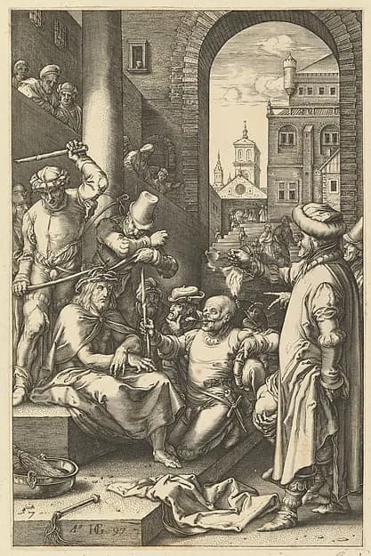 The Crowning with Thorns, from "The Passion of Christ" by Hendrick Goltzius depicting Matthew 27