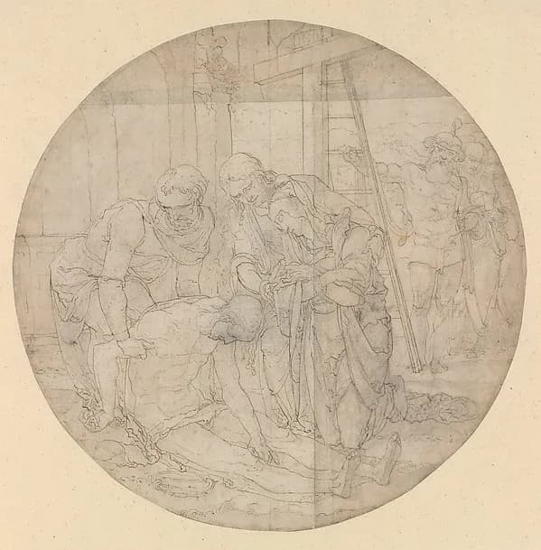 Christ at the Foot of the Cross, Mourned by Mary and John by Nicolaas Hogenberg depicting Luke 1